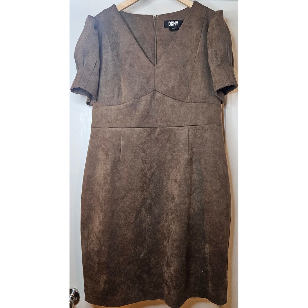 DKNY Brown Faux Suede V-Neck Puff Sleeve Mini Sheath Dress Sz 16 Party Sexy Chic - Picture 2 of 9